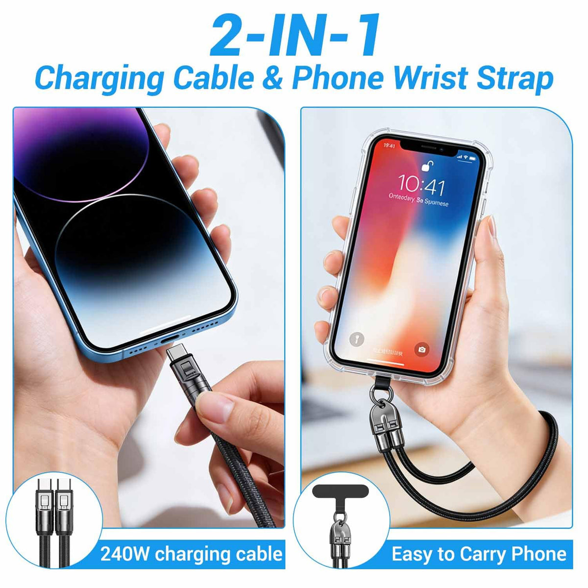 2-in-1 USB-C Phone Wrist Lanyard Cable,240W Fast Charging Wrist Strap