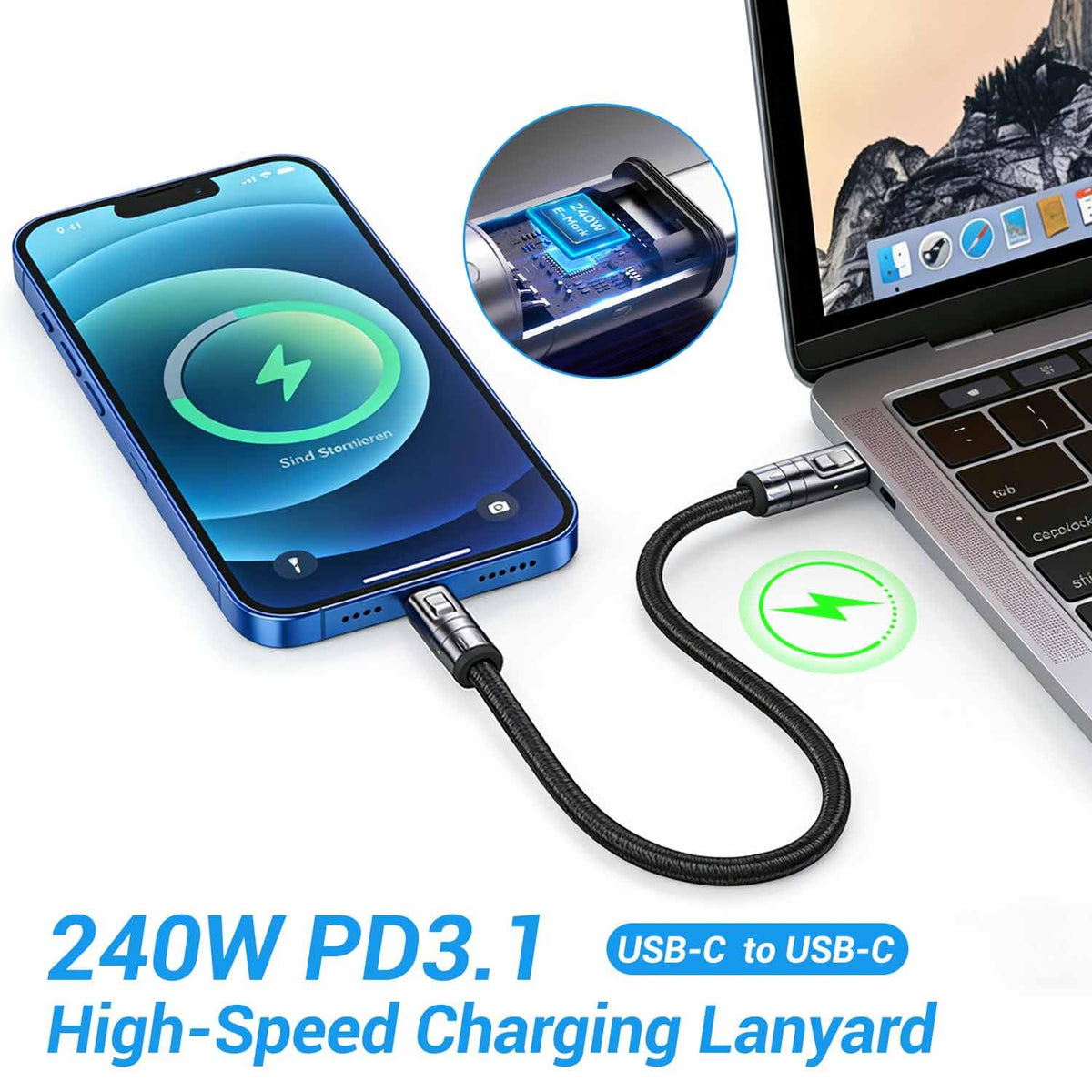 2-in-1 USB-C Phone Wrist Lanyard Cable,240W Fast Charging Wrist Strap