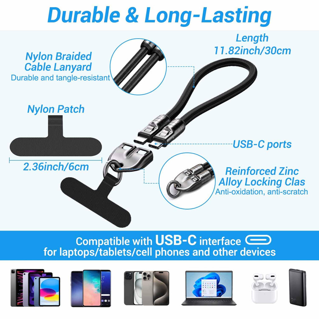 2-in-1 USB-C Phone Wrist Lanyard Cable,240W Fast Charging Wrist Strap