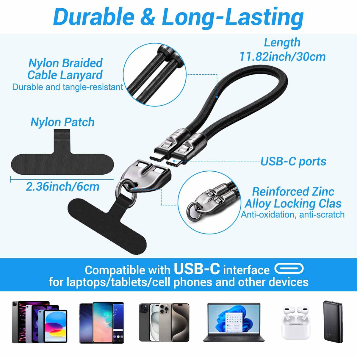 2-in-1 USB-C Phone Wrist Lanyard Cable,240W Fast Charging Wrist Strap